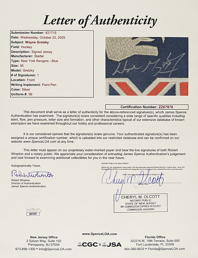 Wayne Gretzky Signed New York Rangers Jersey - Upper Deck and JSA