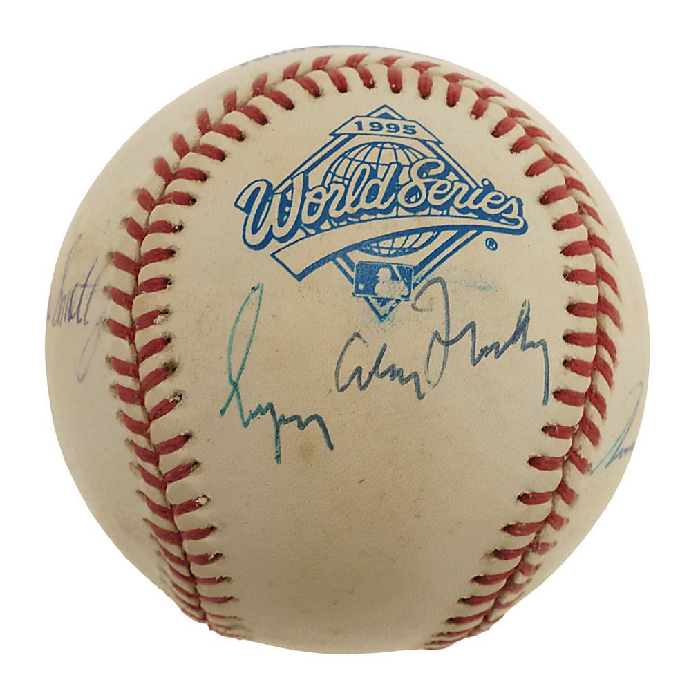 Tom Glavine, Greg Maddux, and John Smoltz Full-Name Multi-Signed 1995 World Series Baseball - JSA