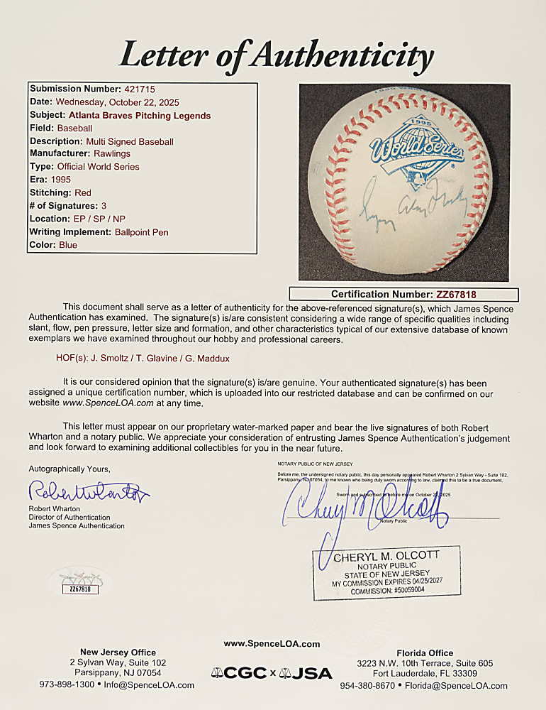 Tom Glavine, Greg Maddux, and John Smoltz Full-Name Multi-Signed 1995 World Series Baseball - JSA