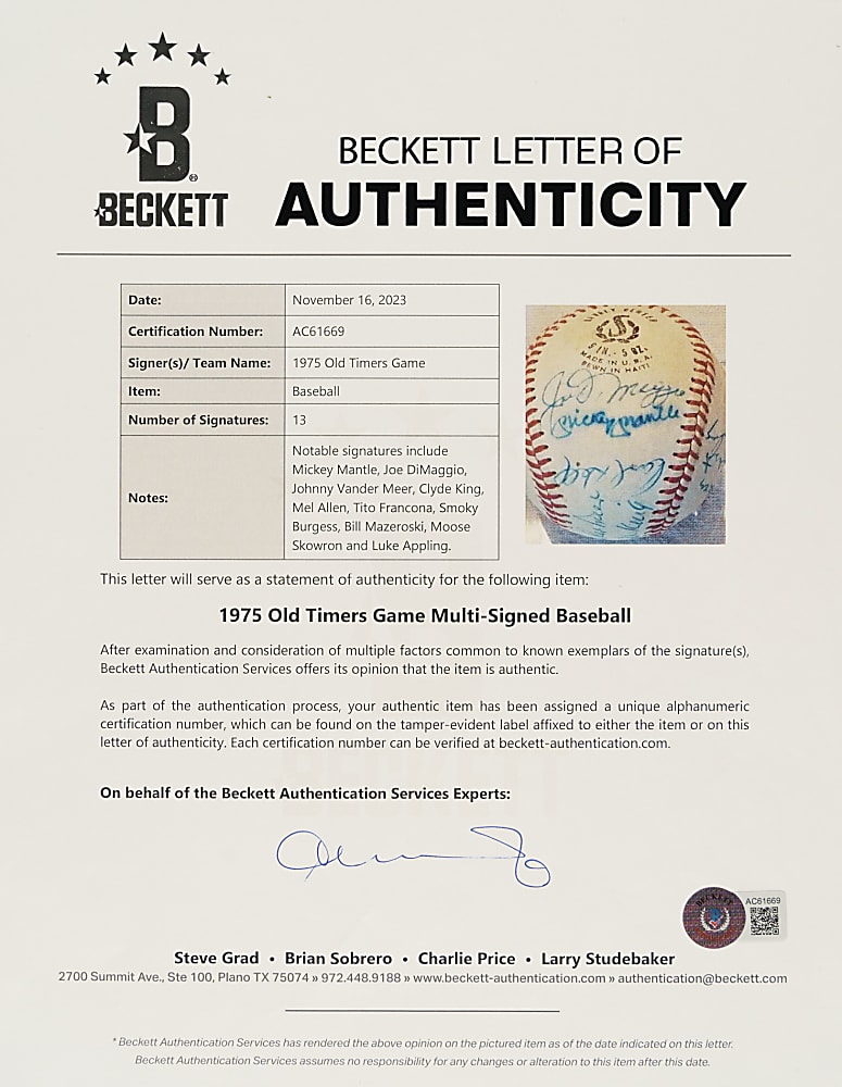 Hall of Fame and Star Multi-Signed Baseball with Mickey Mantle and Joe DiMaggio - Beckett
