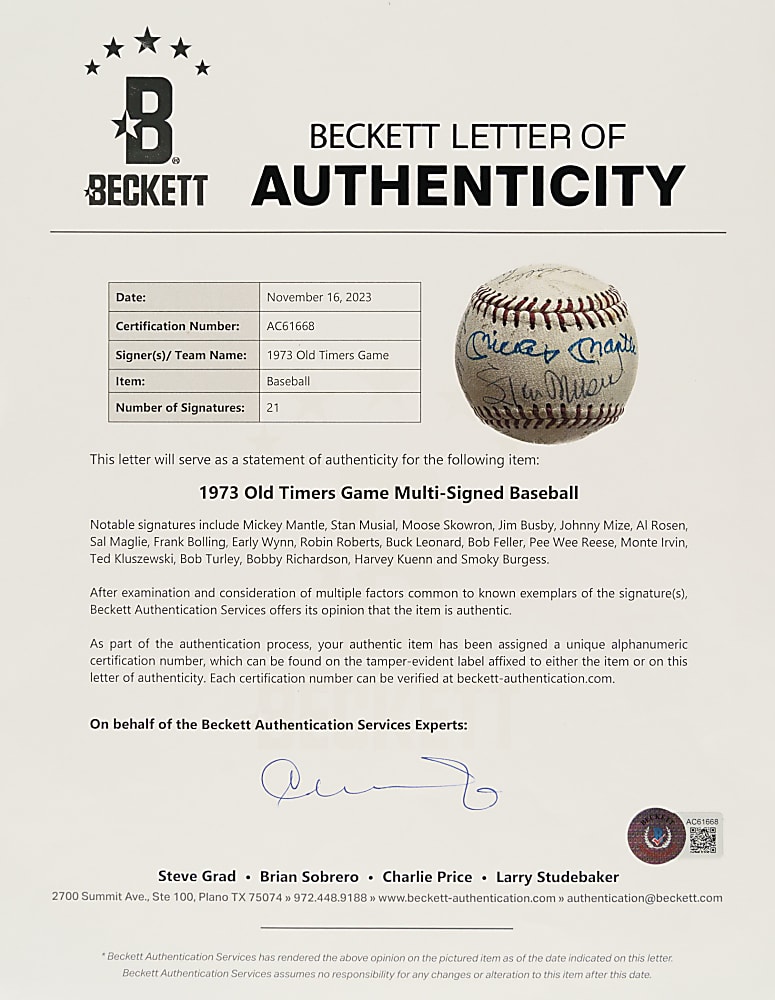 Hall of Fame and Star Multi-Signed Baseball with Mickey Mantle, Stan Musial, and Pee Wee Reese - Beckett