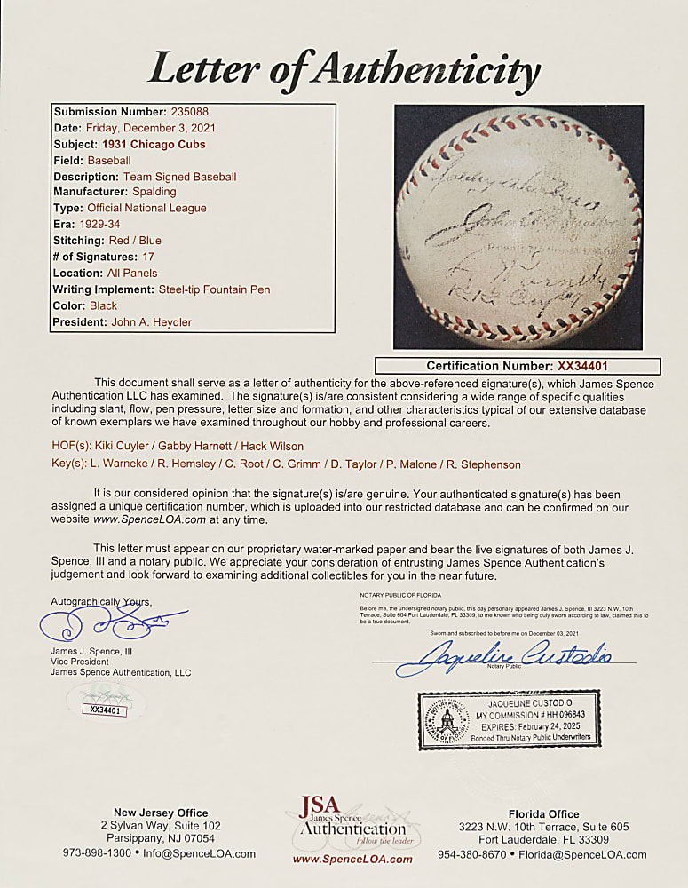 1931 Chicago Cubs Team-Signed Baseball with Kiki Cuyler, Gabby Harnett, and Hack Wilson - JSA