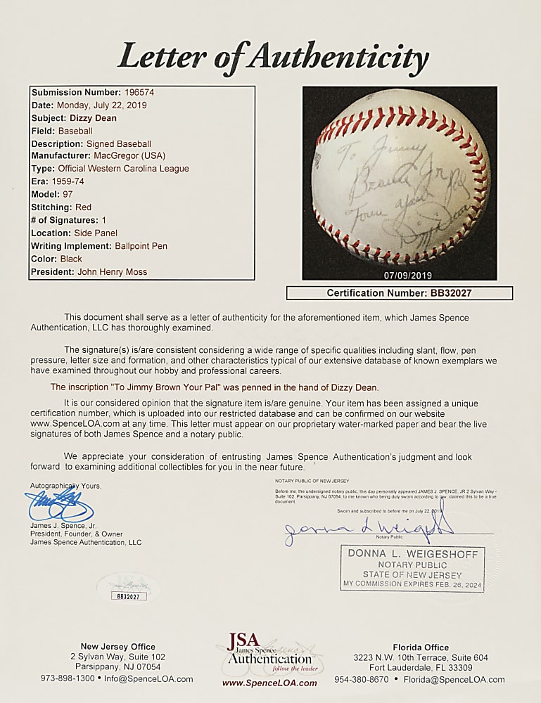 Dizzy Dean Single-Signed Baseball - JSA