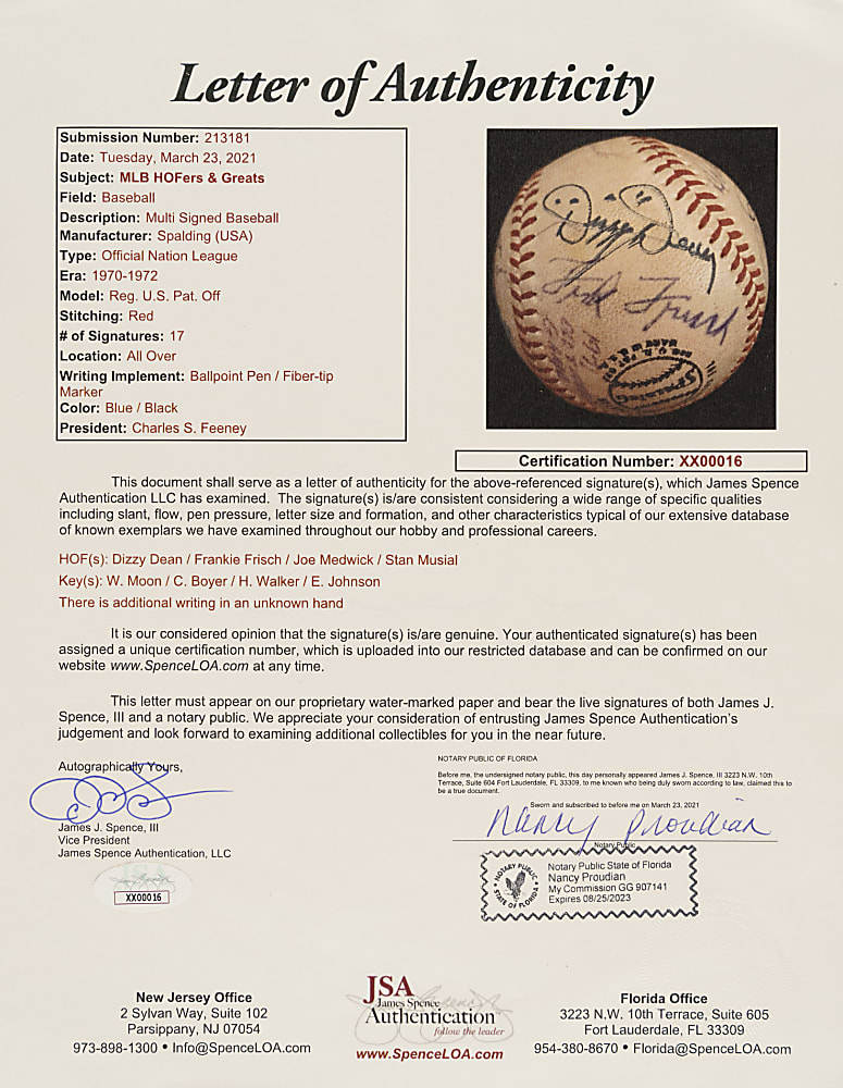 Hall of Fame and Star Multi-Signed Baseball with Dizzy Dean, Frankie Frisch, and Stan Musial - JSA