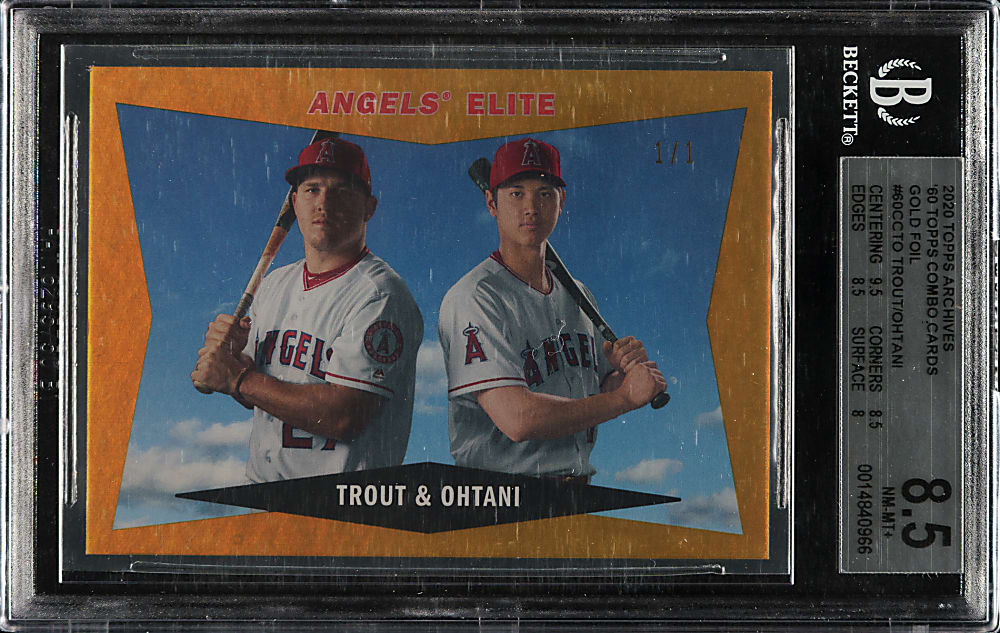 2020 Topps Archives 1960 Topps Combo Cards #60CC-TO Mike Trout and Shohei Ohtani Gold Foil #1/1 BGS NM-MT+ 8.5