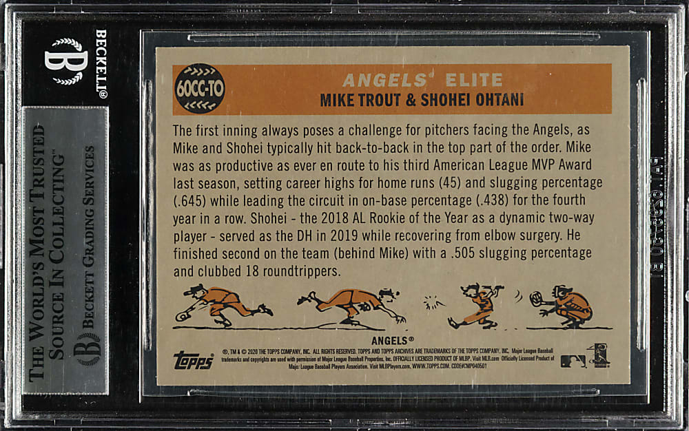 2020 Topps Archives 1960 Topps Combo Cards #60CC-TO Mike Trout and Shohei Ohtani Gold Foil #1/1 BGS NM-MT+ 8.5