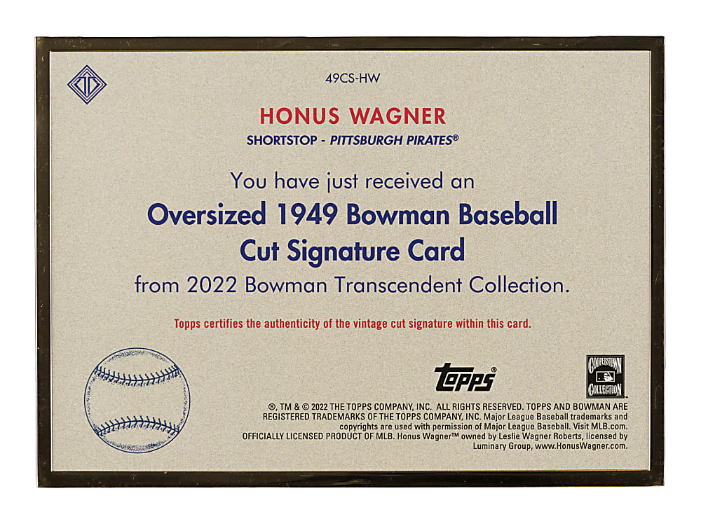 2022 Bowman Transcendent Collection 1949 Bowman Baseball Cut Signatures #49CS-HW Honus Wagner #1/1