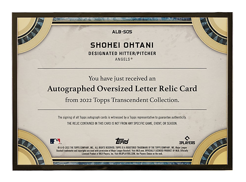 2022 Topps Transcendent Collection Autographed Oversized Letter Relic #ALB-SO5 Shohei Ohtani #1/1