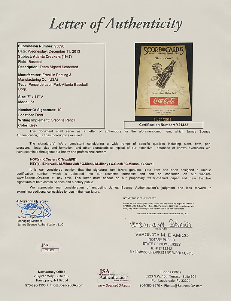 1947 Atlanta Crackers Team-Signed Scorecard with Kiki Cuyler, Charley Trippi, and Ernie Harwell - JSA