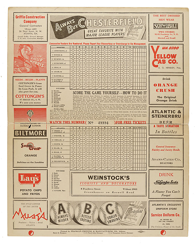 1947 Atlanta Crackers Team-Signed Scorecard with Kiki Cuyler, Charley Trippi, and Ernie Harwell - JSA
