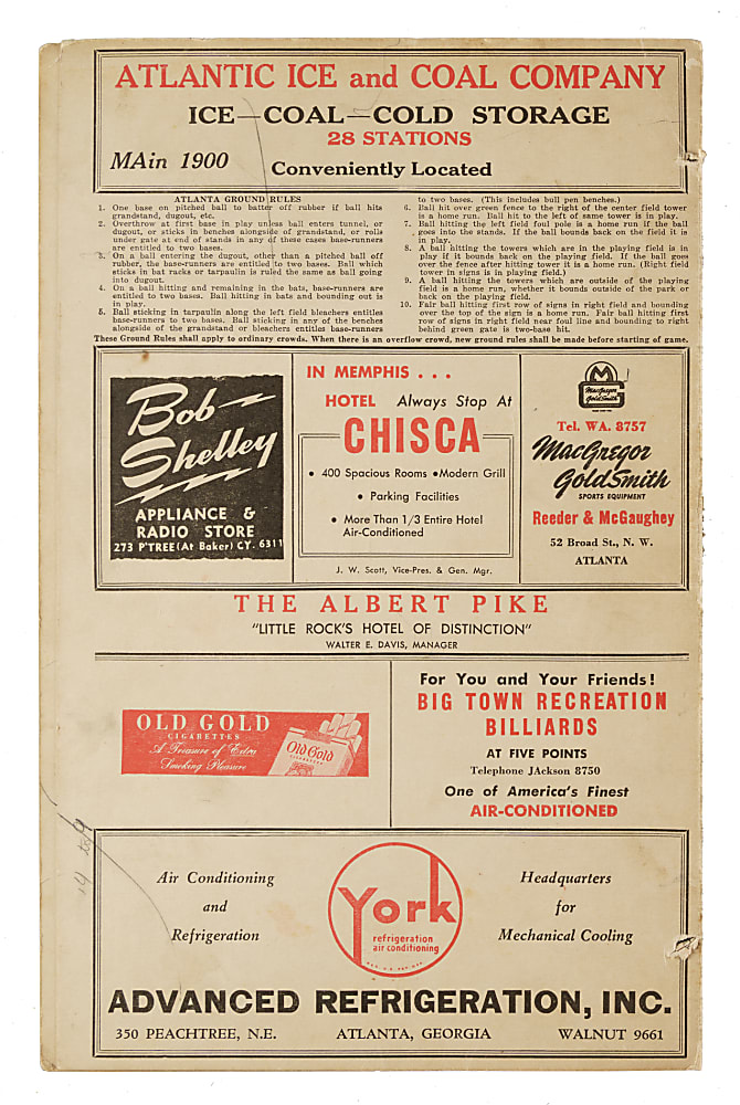 1947 Atlanta Crackers Team-Signed Scorecard with Kiki Cuyler, Charley Trippi, and Ernie Harwell - JSA