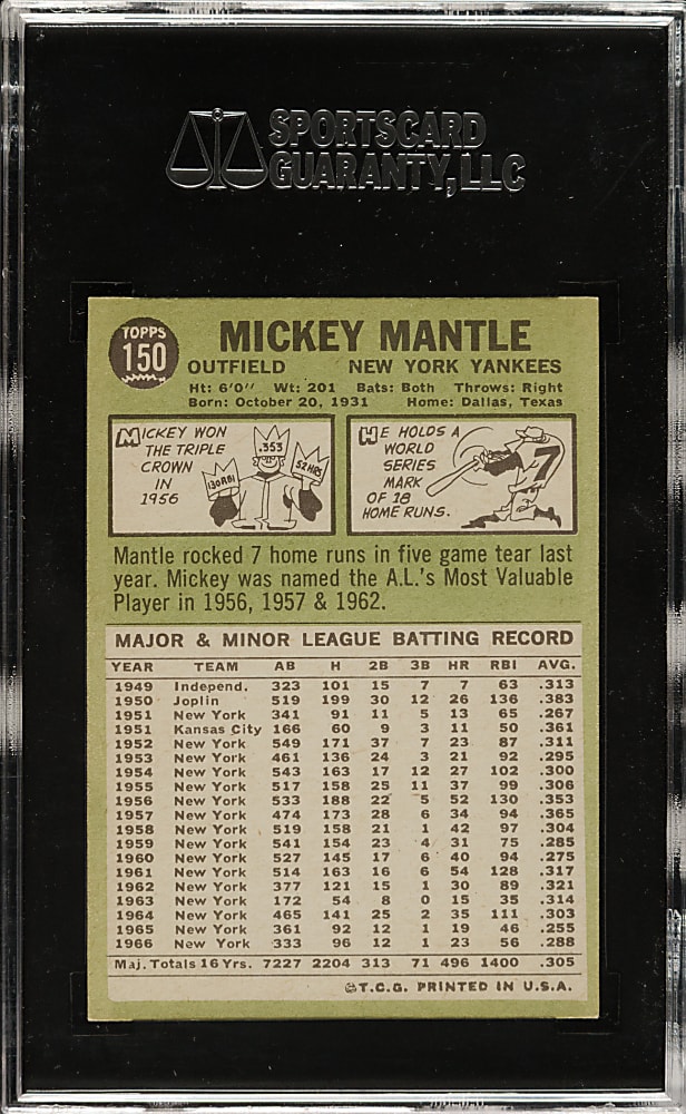 1967 Topps #150 Mickey Mantle SGC NM 84