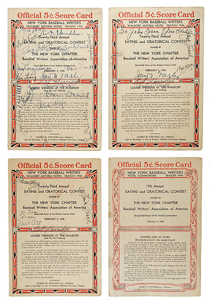 1946 New York Baseball Writers Multi-Signed Dinner Program Collection (3) Including Babe Ruth, Mel Ott, and Hank Greenberg - JSA