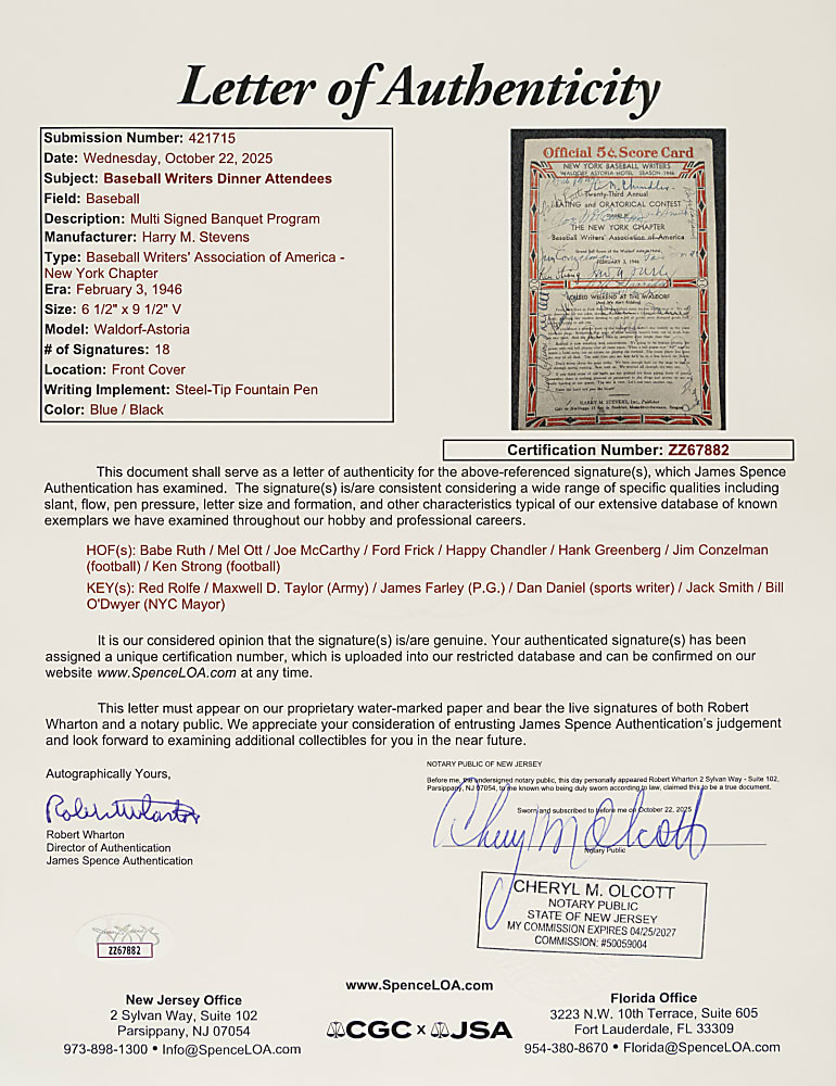 1946 New York Baseball Writers Multi-Signed Dinner Program Collection (3) Including Babe Ruth, Mel Ott, and Hank Greenberg - JSA