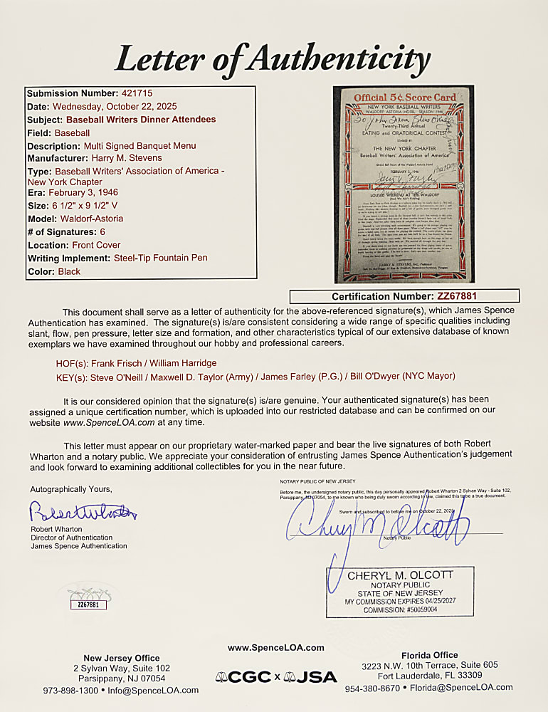 1946 New York Baseball Writers Multi-Signed Dinner Program Collection (3) Including Babe Ruth, Mel Ott, and Hank Greenberg - JSA