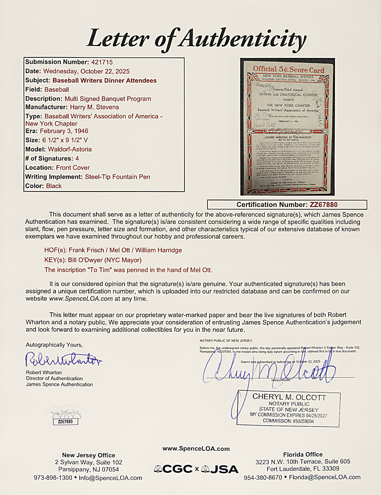 1946 New York Baseball Writers Multi-Signed Dinner Program Collection (3) Including Babe Ruth, Mel Ott, and Hank Greenberg - JSA