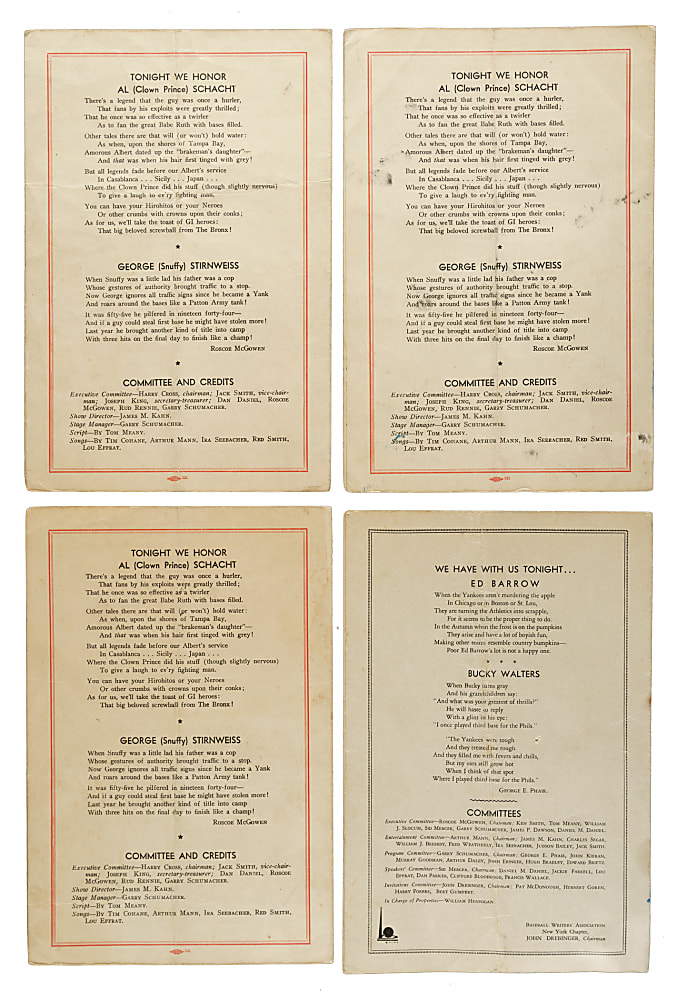 1946 New York Baseball Writers Multi-Signed Dinner Program Collection (3) Including Babe Ruth, Mel Ott, and Hank Greenberg - JSA