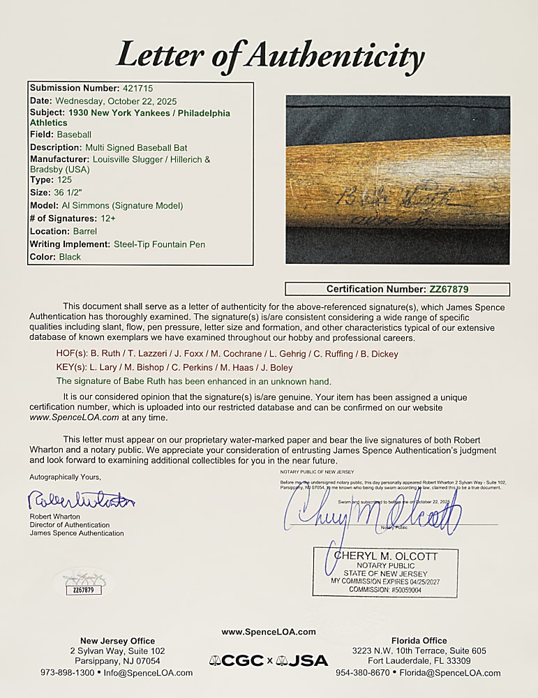 1930 Al Simmons Philadelphia Athletics Game-Used Bat Signed by Babe Ruth, Lou Gehrig, and Jimmie Foxx PSA/DNA GU 8.5