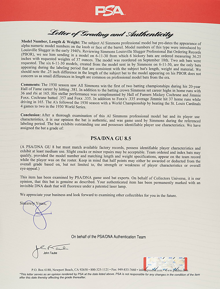 1930 Al Simmons Philadelphia Athletics Game-Used Bat Signed by Babe Ruth, Lou Gehrig, and Jimmie Foxx PSA/DNA GU 8.5