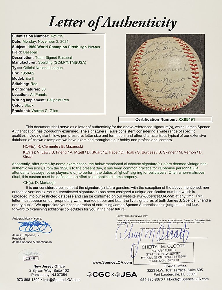 1960 Pittsburgh Pirates World Champions Team-Signed Baseball with Roberto Clemente - JSA