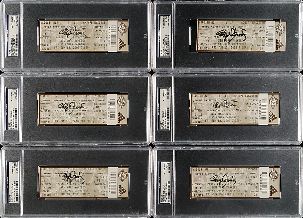 June 13, 2003 New York Yankees (vs. St. Louis Cardinals) Full Ticket Signed by Roger Clemens Collection (6) - Roger Clemens 300 Wins and 4,000 Strikeouts - PSA/DNA