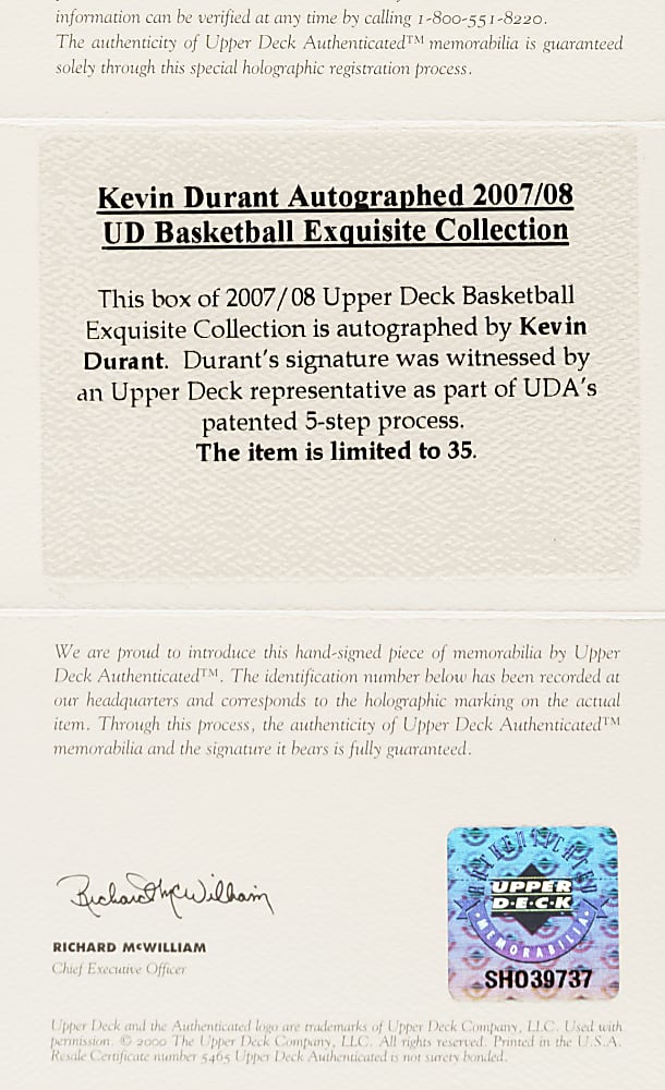 2007-2008 Upper Deck Exquisite Basketball Kevin Durant Signed Limited-Edition Box - Upper Deck
