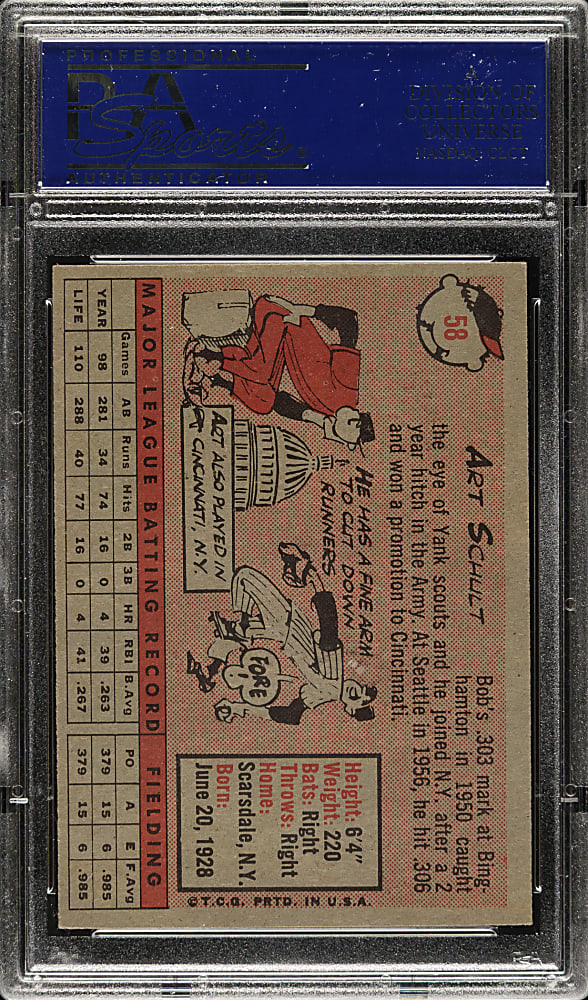 1958 Topps #58 Art Schult Yellow Letters PSA NM-MT 8 - Highest Graded!