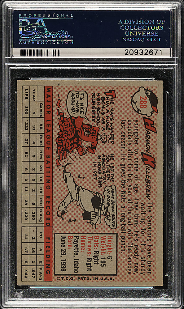 1958 Topps #288 Harmon Killebrew PSA MINT 9 - Highest Graded!