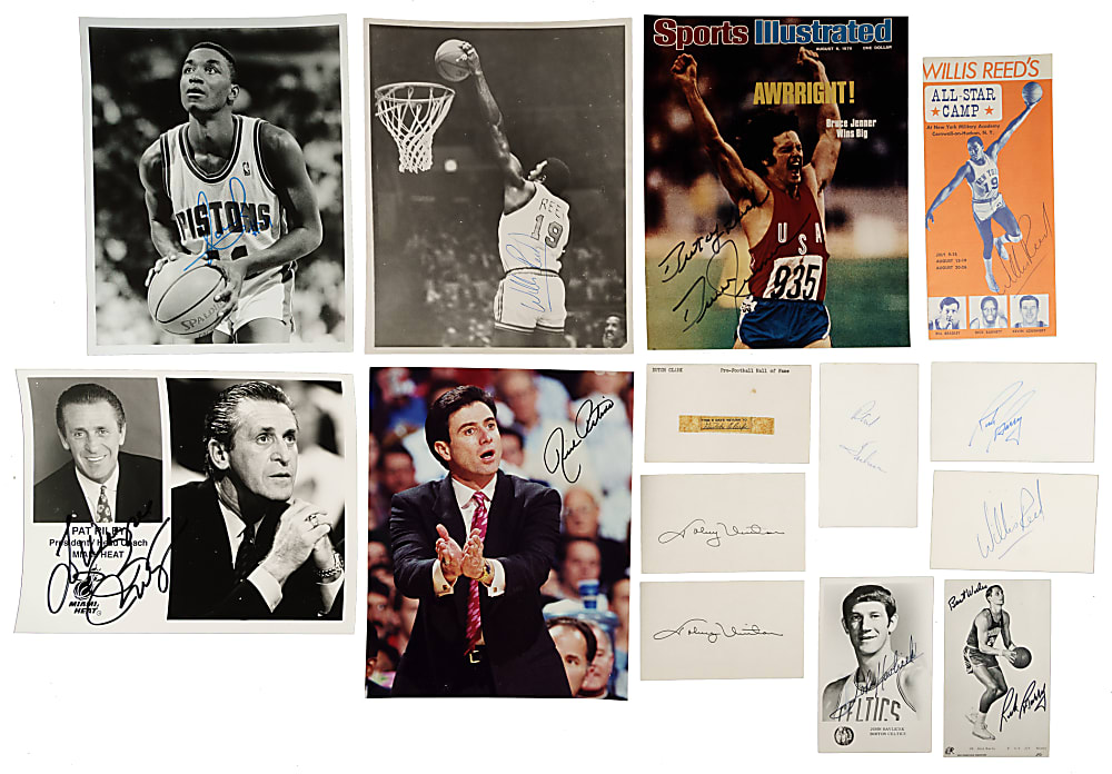 Football, Basketball, Golf, and Hockey Signed Postcard, Index Card, and Photograph Collection (76) Including Mikan, A. Palmer, and Unitas