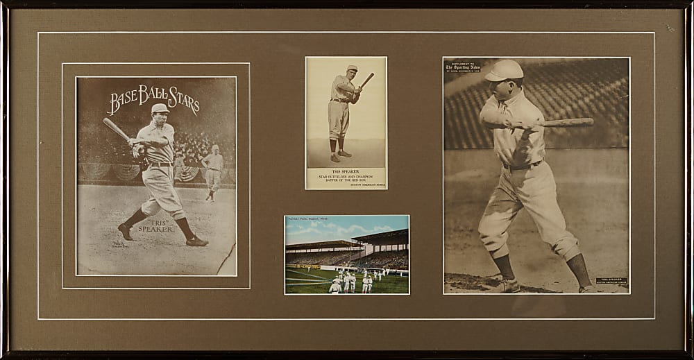 Tris Speaker Framed Display with 1909-1913 M101-2 Sporting News Supplement and 1912 Boston American Series Postcard