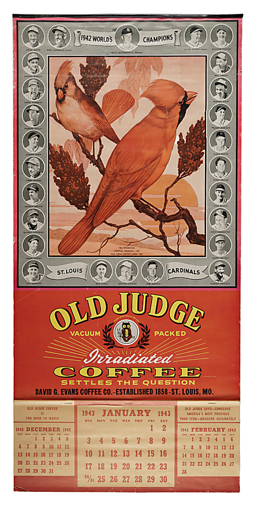 1943 St. Louis Cardinals Old Judge Coffee Calendar with Enos Slaughter and Stan Musial