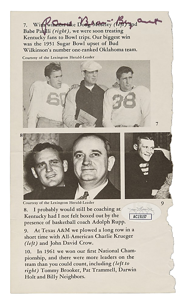 Bear Bryant Signed Magazine Page - JSA
