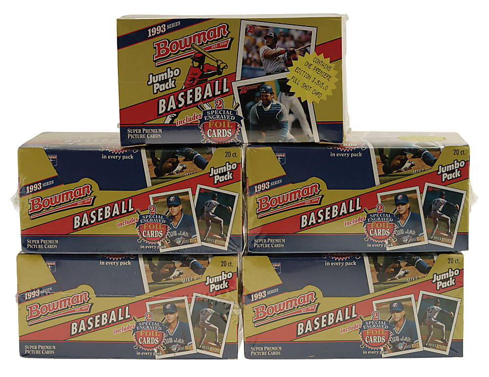 1993 Bowman Factory-Sealed Unopened Jumbo Box Collection (5 Boxes, 100 Packs)
