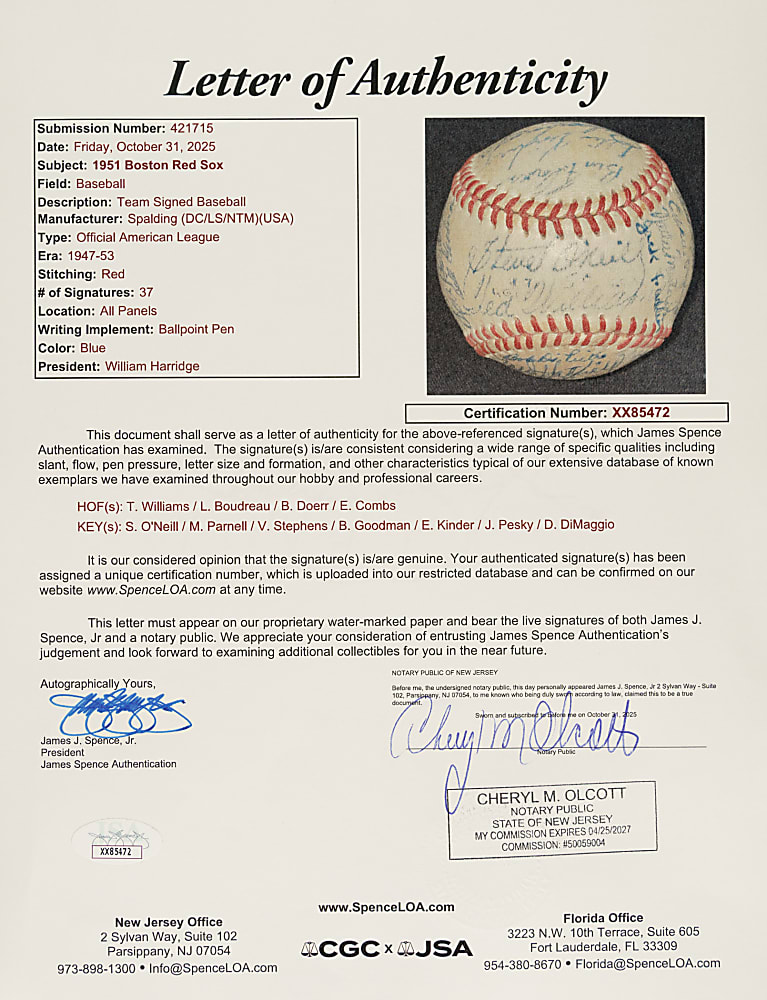 1951 Boston Red Sox Team-Signed Baseball with Ted Williams and Bobby Doerr - JSA