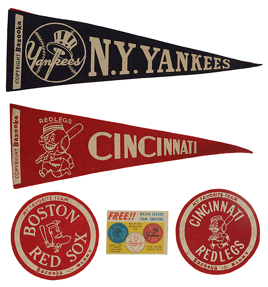 1958 and 1959 Topps/Bazooka Team Felt Emblems and Pennants Complete Set Pair (2 Sets, 32 Felts) Plus Felt Emblems Insert Card