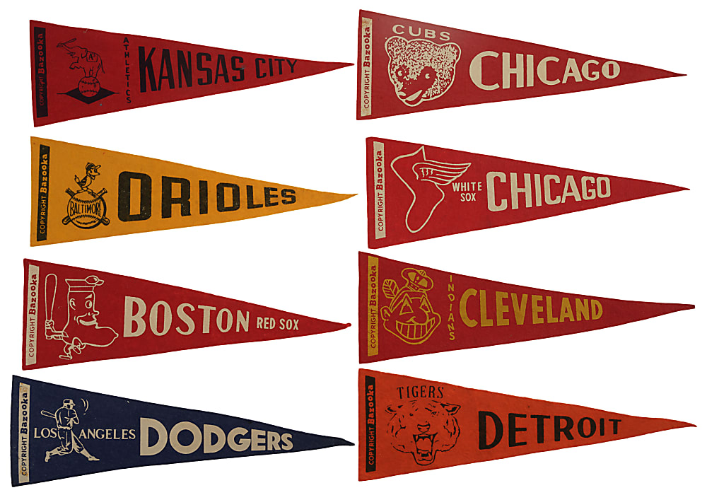 1958 and 1959 Topps/Bazooka Team Felt Emblems and Pennants Complete Set Pair (2 Sets, 32 Felts) Plus Felt Emblems Insert Card