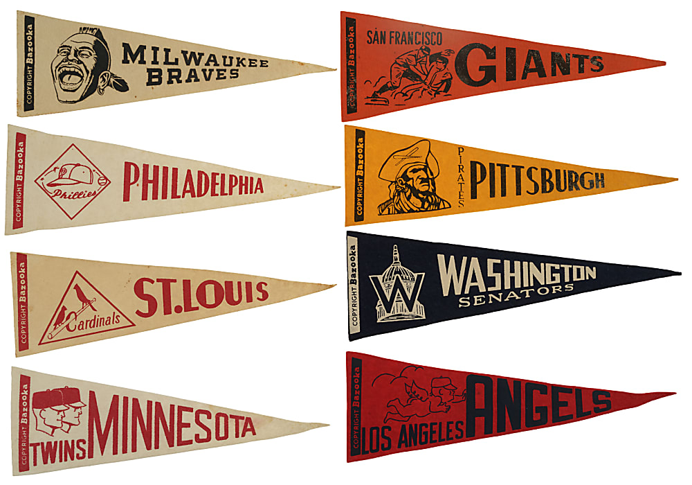 1958 and 1959 Topps/Bazooka Team Felt Emblems and Pennants Complete Set Pair (2 Sets, 32 Felts) Plus Felt Emblems Insert Card