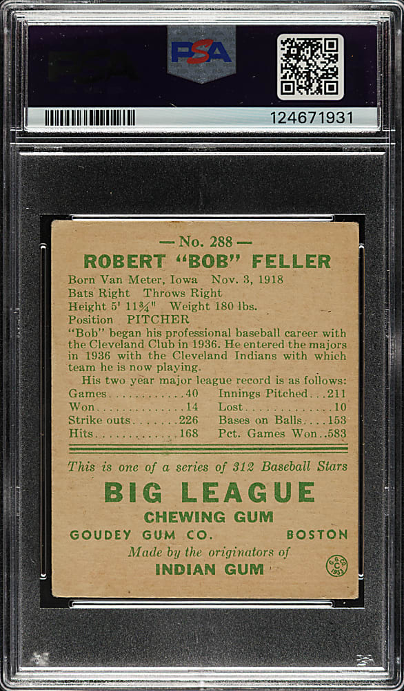 Signed 1938 R323 Goudey "Heads-Up" #288 Bob Feller PSA GOOD+ 2.5