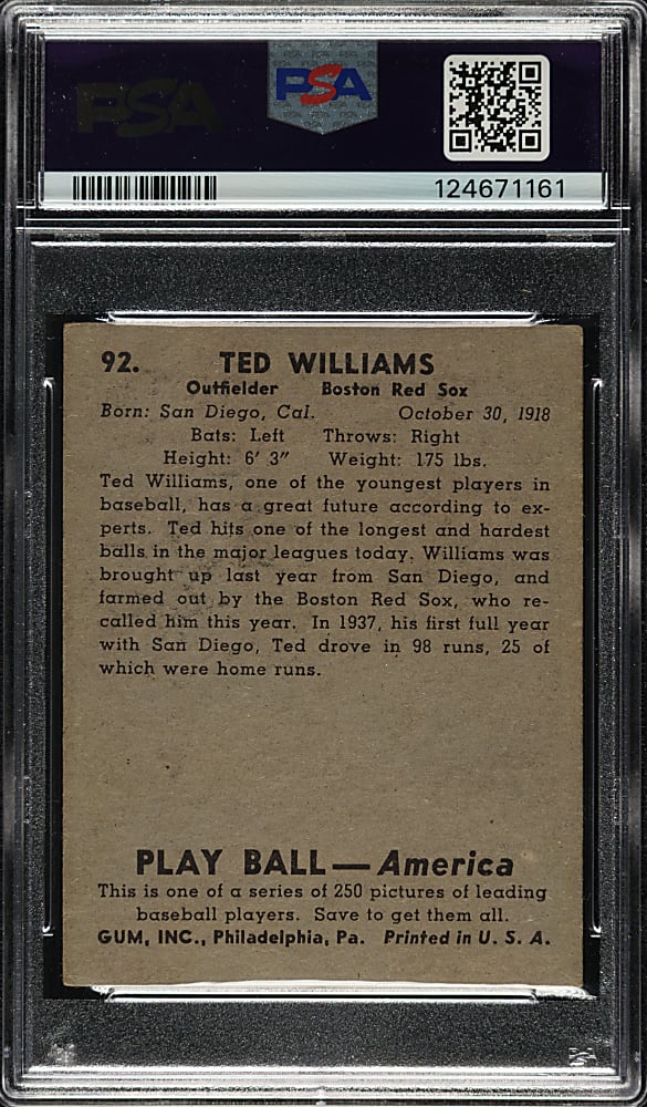 Signed 1939 R334 Play Ball #92 Ted Williams Rookie PSA/DNA GEM MINT 10