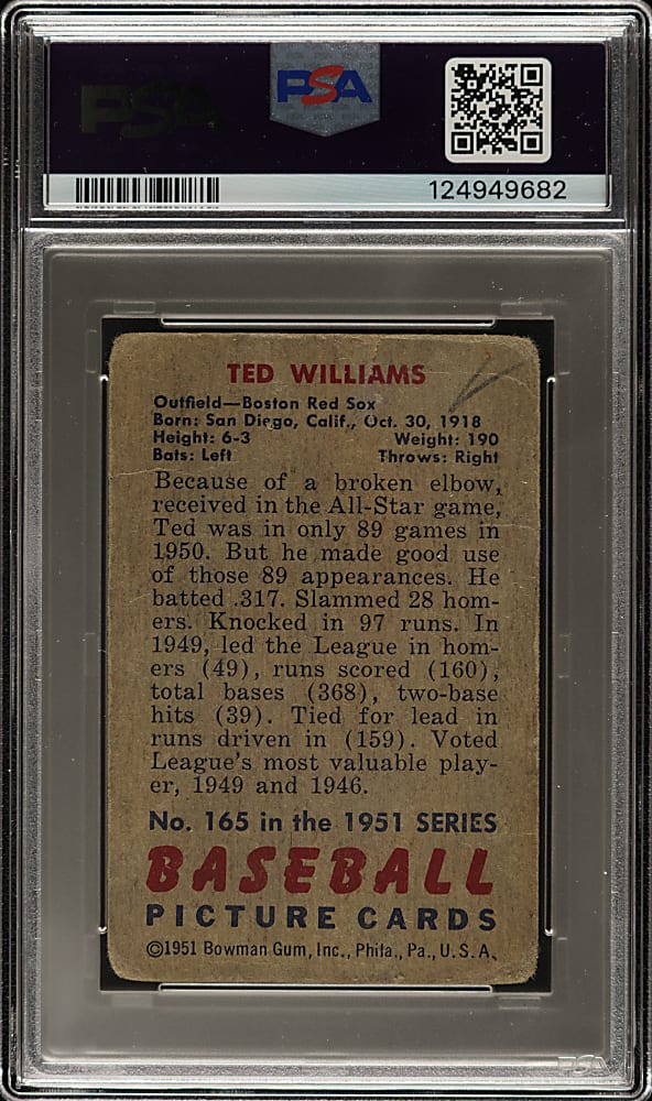 Signed 1951 Bowman #165 Ted Williams - PSA/DNA