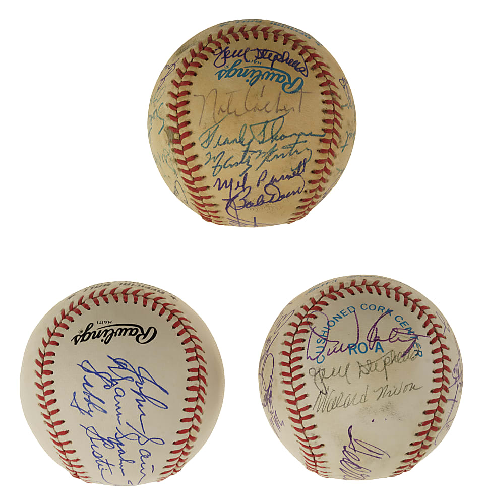 Hall of Fame and Stars Multi-Signed Baseball Trio with Ted Williams, Warren Spahn, and Minnie Minoso