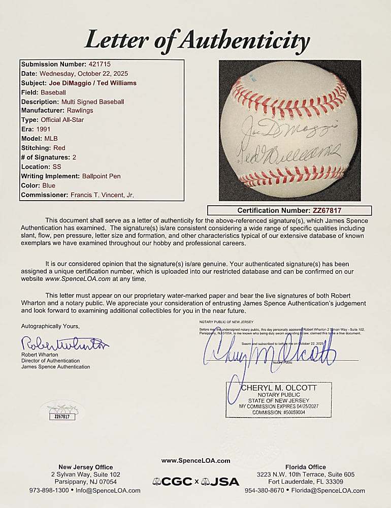 Joe DiMaggio and Ted Williams Dual-Signed 1991 All-Star Game Baseball Plus Pin - JSA