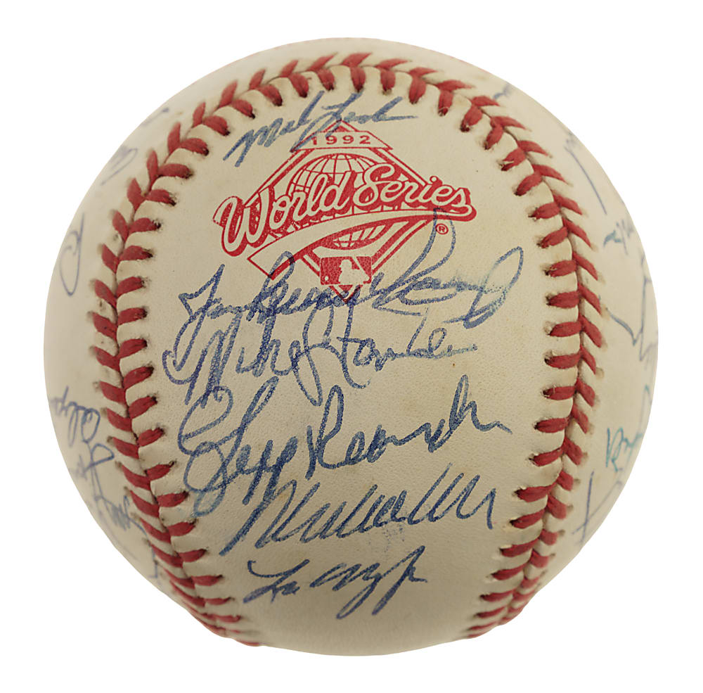 1992 World Series Multi-Signed Baseball with John Smoltz and Tom Glavine Plus Atlanta Braves and Toronto Blue Jays World Series Press Pins