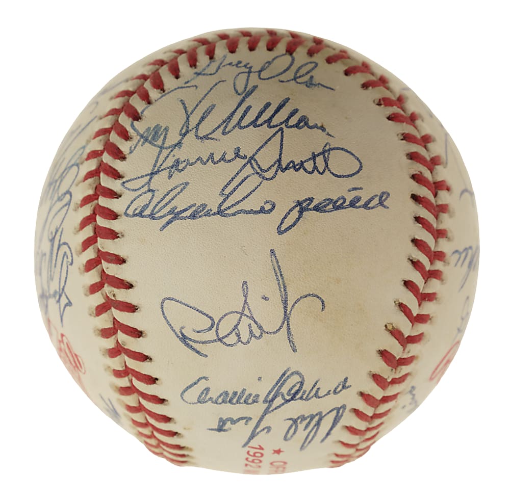 1992 World Series Multi-Signed Baseball with John Smoltz and Tom Glavine Plus Atlanta Braves and Toronto Blue Jays World Series Press Pins