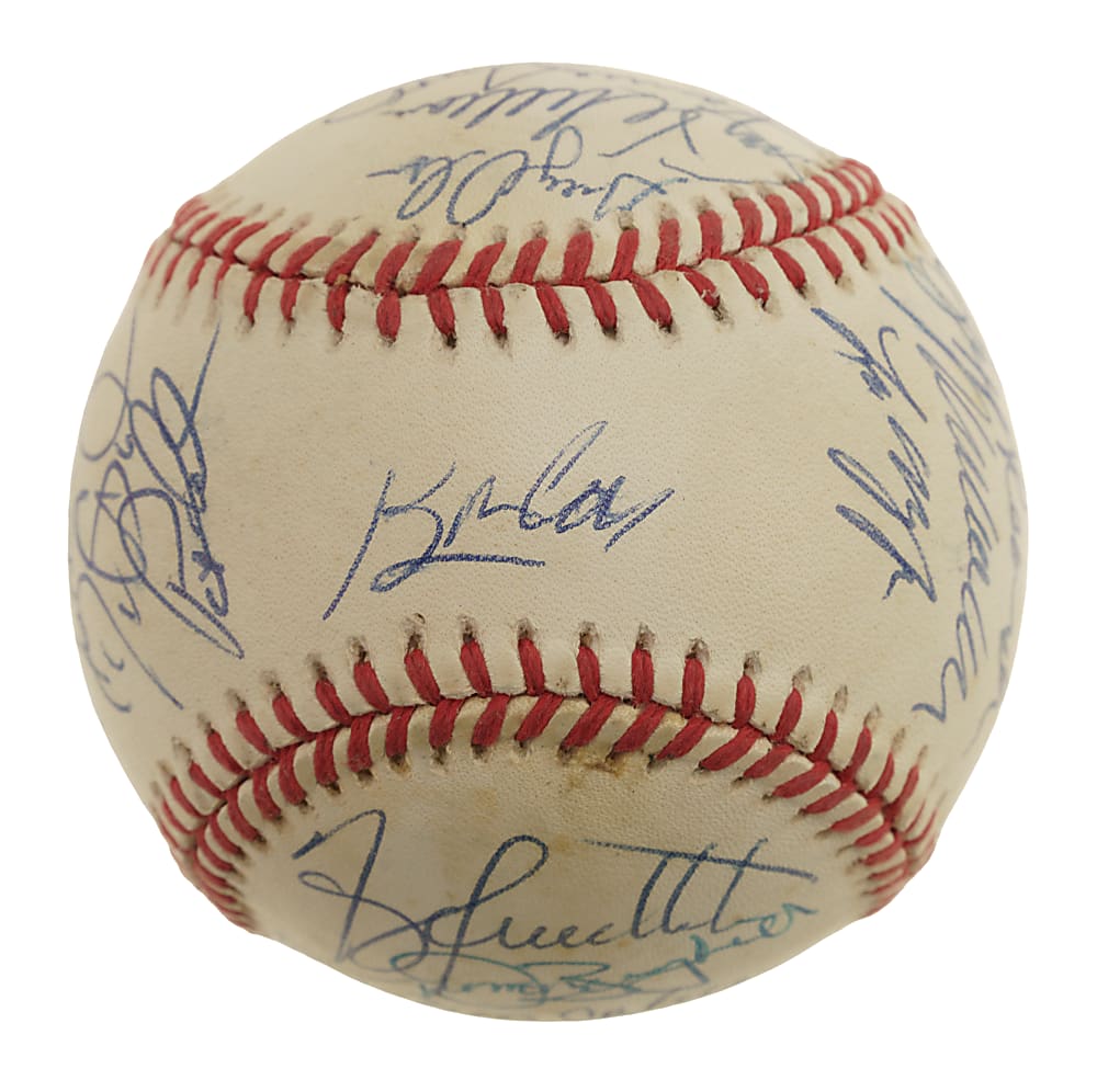 1992 World Series Multi-Signed Baseball with John Smoltz and Tom Glavine Plus Atlanta Braves and Toronto Blue Jays World Series Press Pins