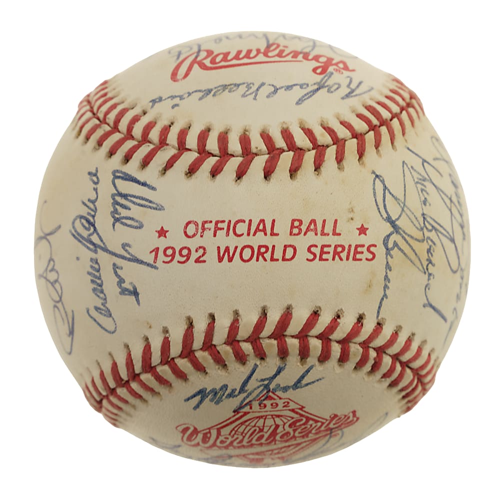 1992 World Series Multi-Signed Baseball with John Smoltz and Tom Glavine Plus Atlanta Braves and Toronto Blue Jays World Series Press Pins
