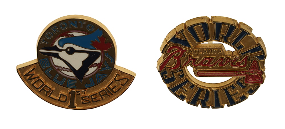 1992 World Series Multi-Signed Baseball with John Smoltz and Tom Glavine Plus Atlanta Braves and Toronto Blue Jays World Series Press Pins