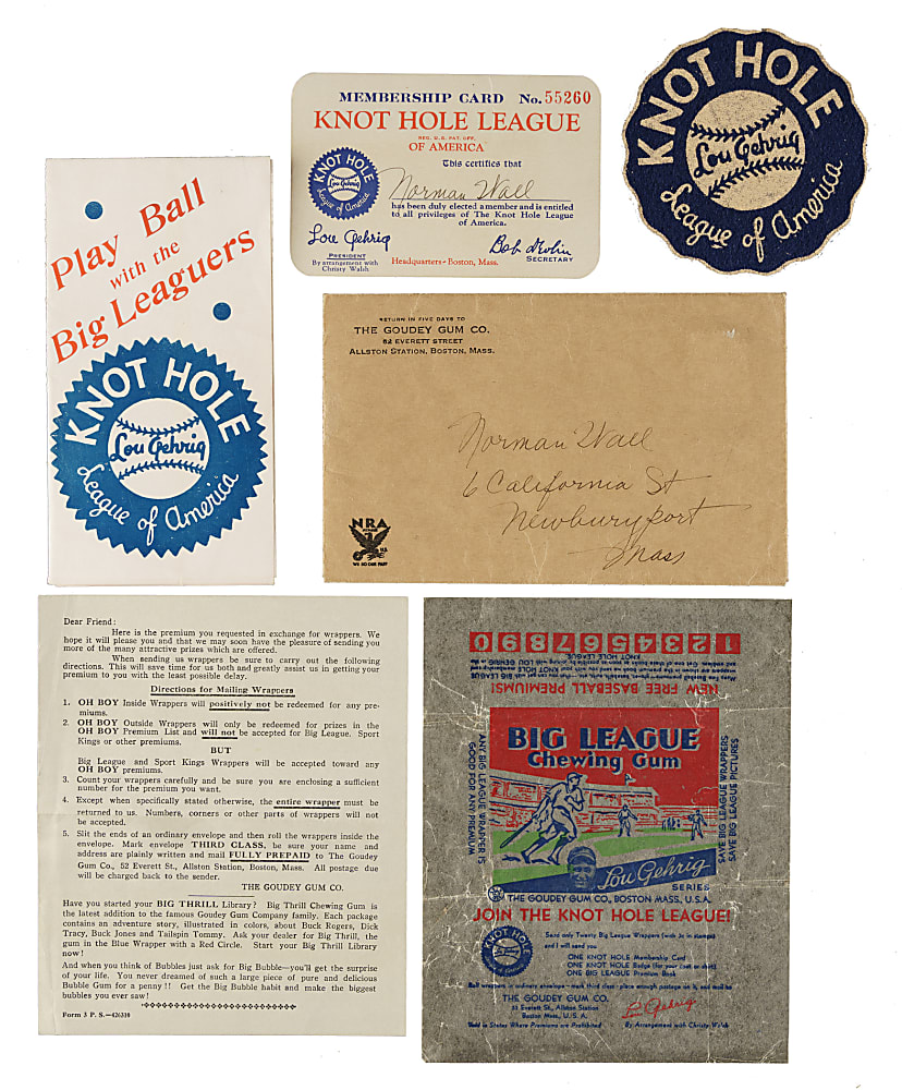 1934 Goudey Lou Gehrig "Knot Hole League" Membership Card, Booklet, Patch, Wrapper, and Original Mailing Envelope