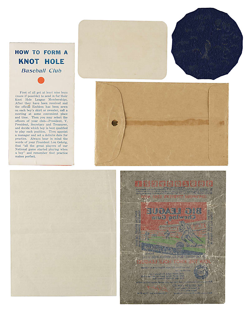 1934 Goudey Lou Gehrig "Knot Hole League" Membership Card, Booklet, Patch, Wrapper, and Original Mailing Envelope