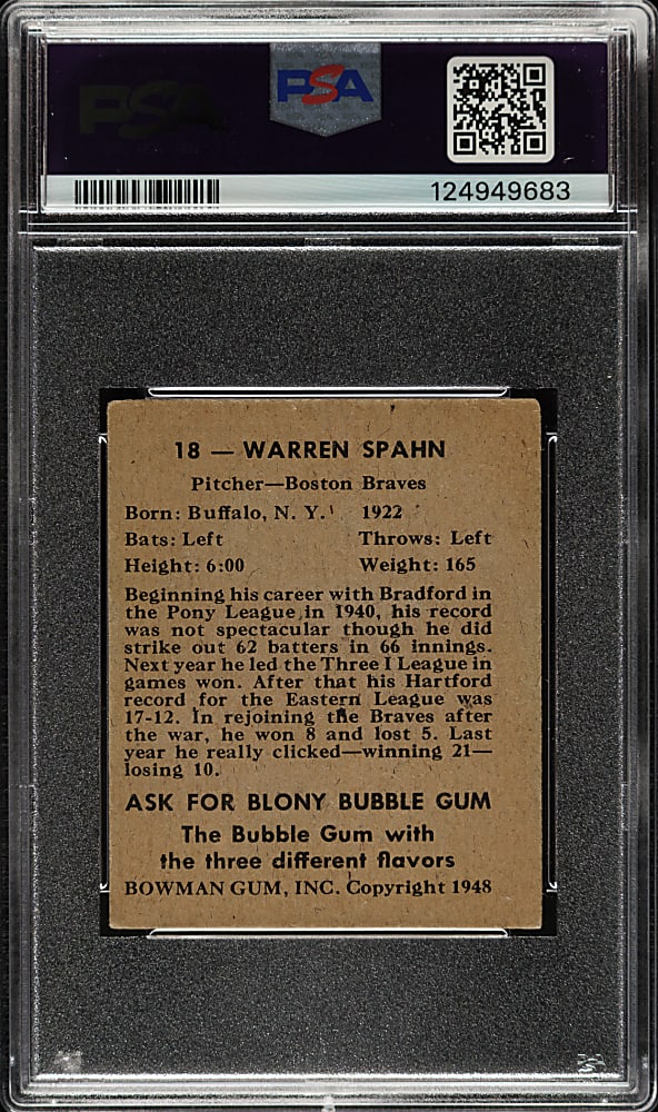 Signed 1948 Bowman #18 Warren Spahn Rookie - PSA/DNA